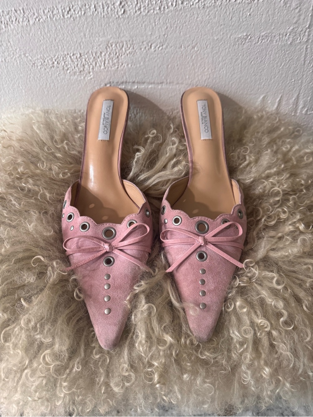 Tony Bianco Pink Suede Studded Bow Mule Heels Pointed Toe